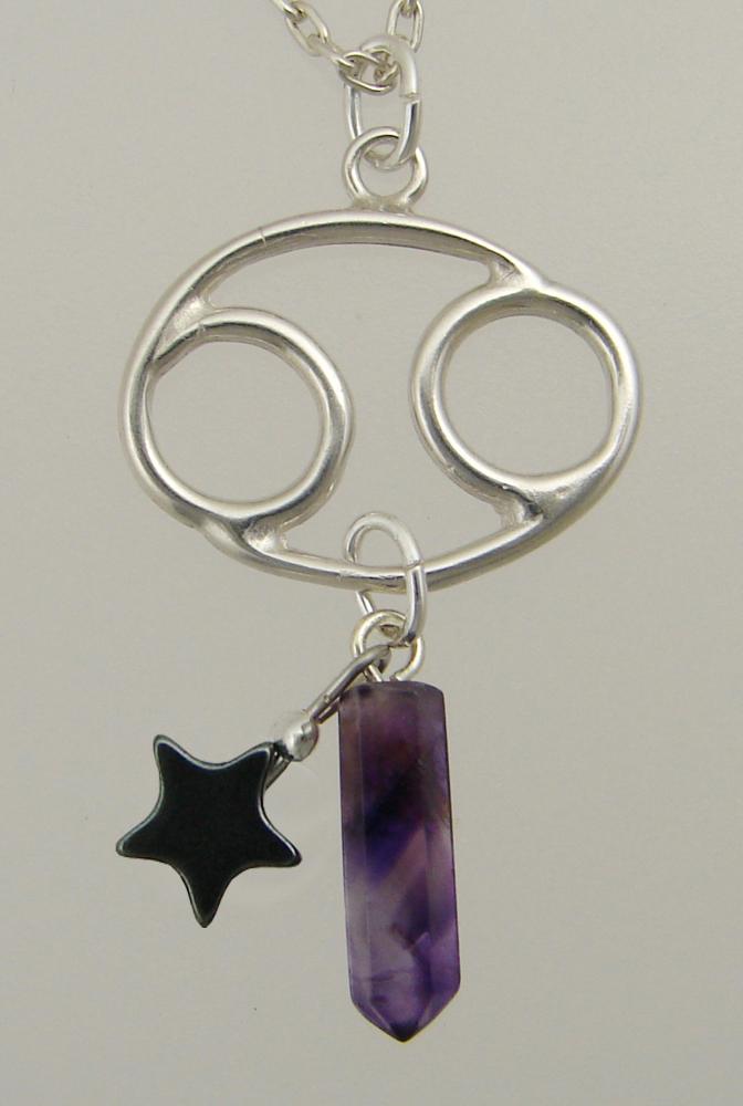 Sterling Silver Cancer Pendant Necklace With an Amethyst Crystal And a Black Onyx Star